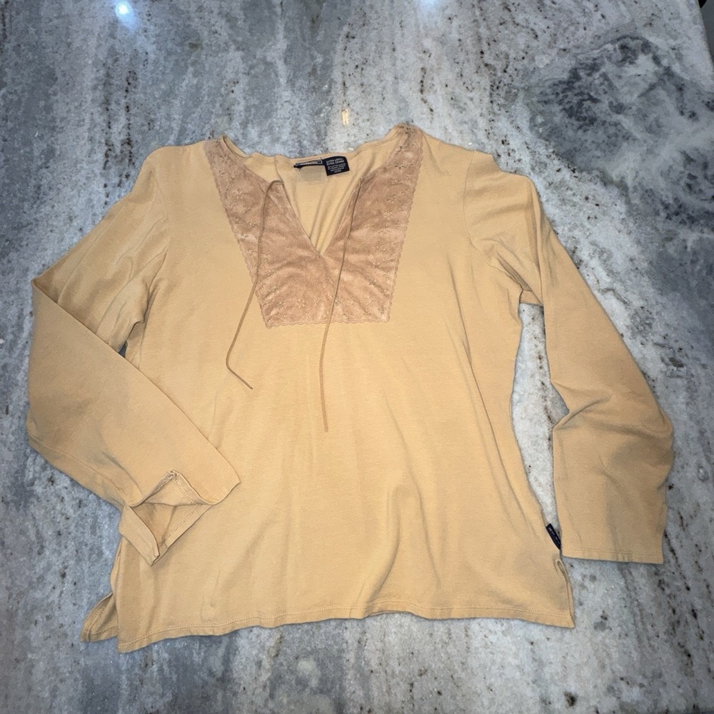 Route 66 Stretch‎ Sz XL FAUX SUEDE Long Sleeve Blouse Western Shirt Brown Tan